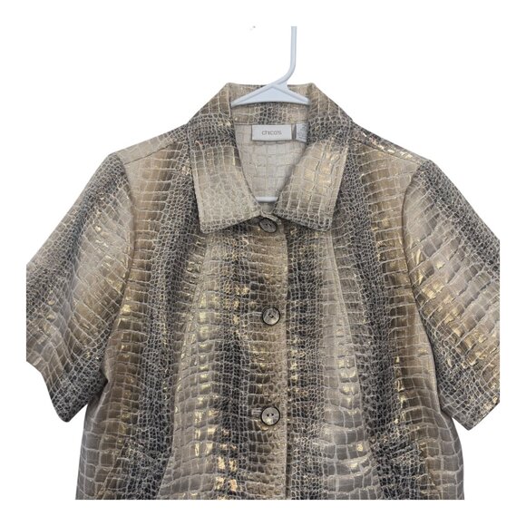 Chicos Women Metallic Croc Short Sleeve Button-Up Jacket SZ 2 US L Gold-Silver - Picture 2 of 12